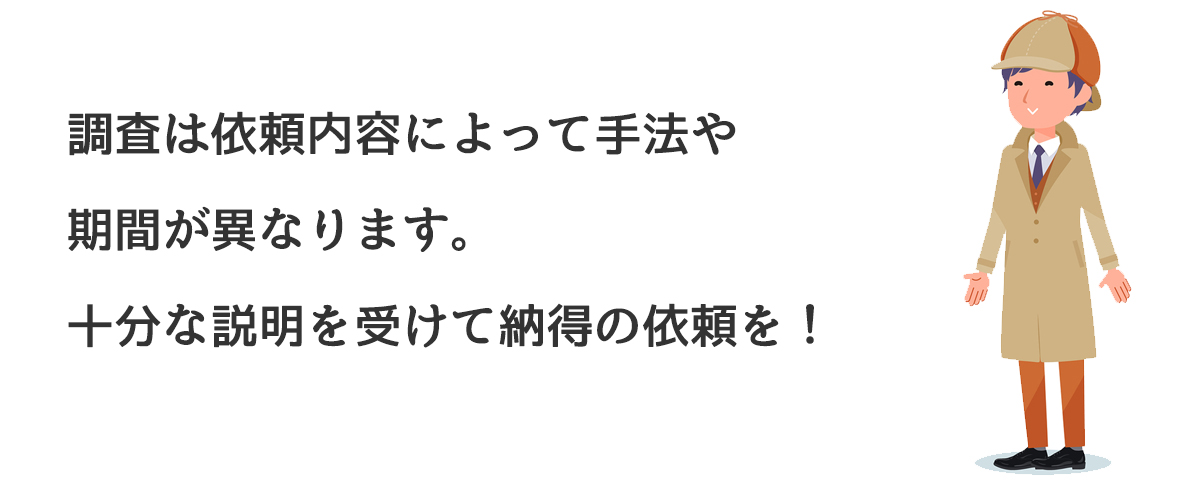 調査は依頼内容によって手法や期間が異なります。十分な説明を受けて納得の依頼を