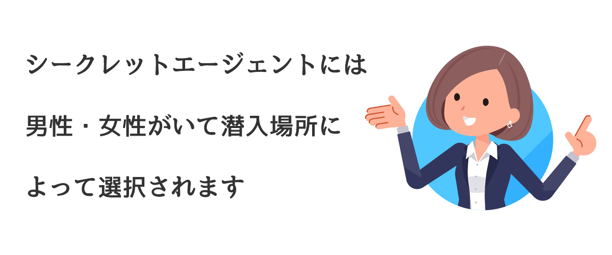 シークレットエージェントには男性・女性がいて潜入場所によって選択されます