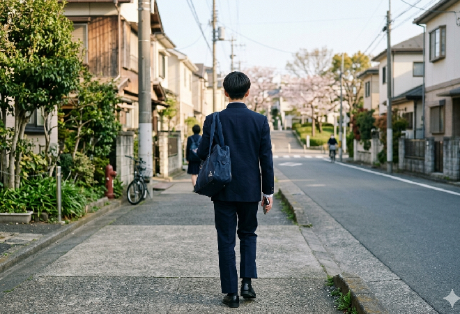 住宅街を歩く、制服を着た高校生の息子の後ろ姿。